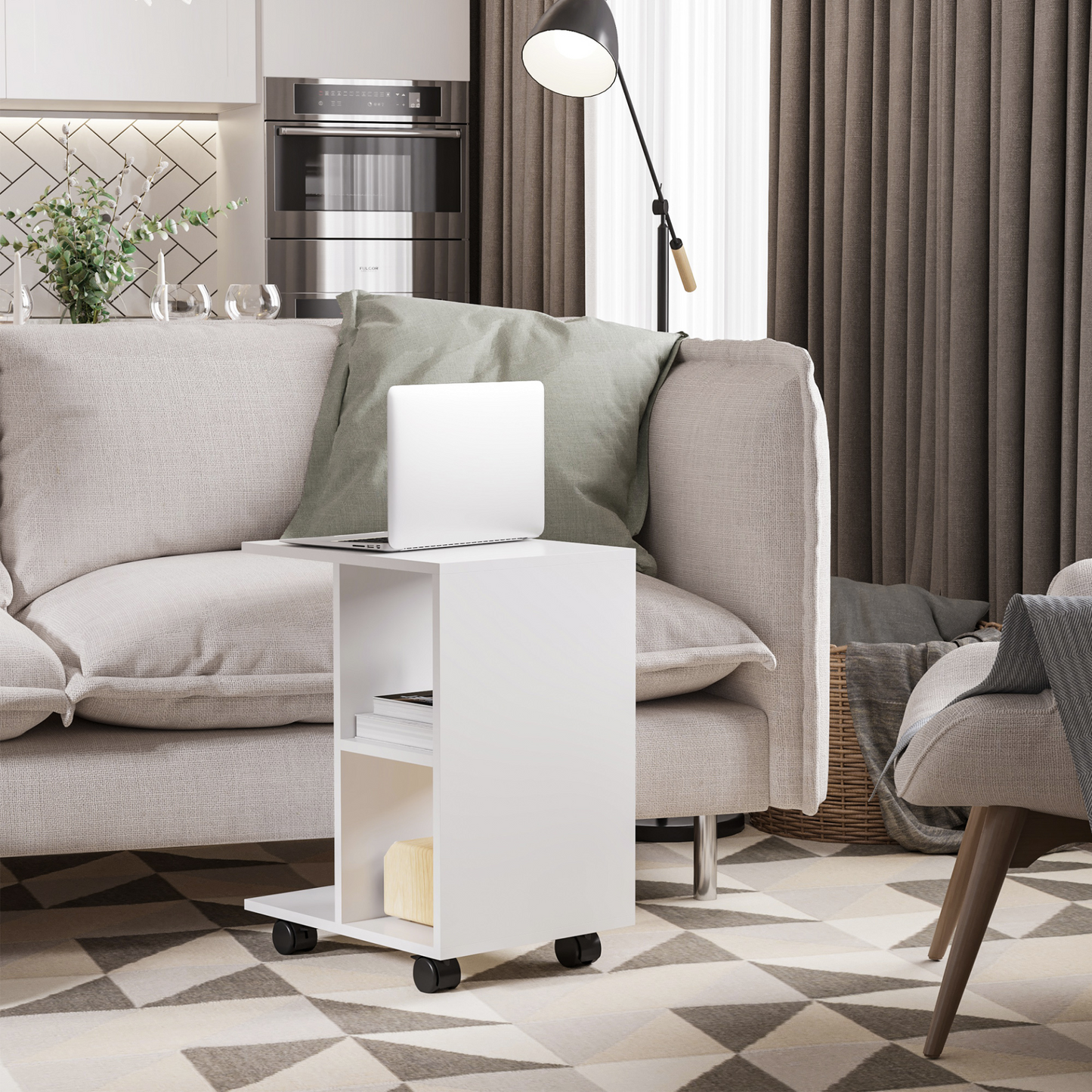 HOMCOM C-Shape End Table with Unique Storage, 2 Shelves, 4 Wheels – Stylish White Home Office Furniture Organizer - BEYRUN