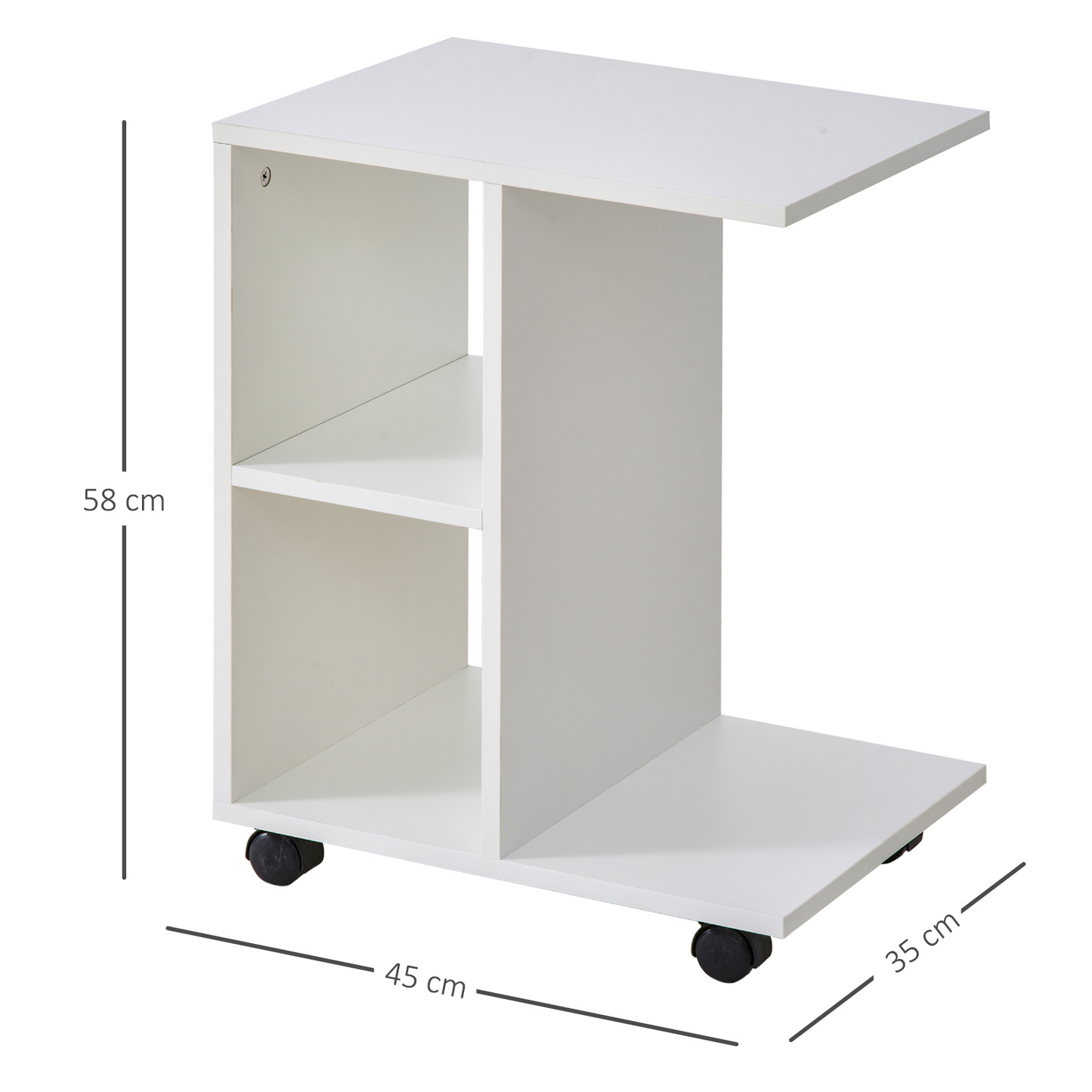 HOMCOM C-Shape End Table with Unique Storage, 2 Shelves, 4 Wheels – Stylish White Home Office Furniture Organizer - BEYRUN