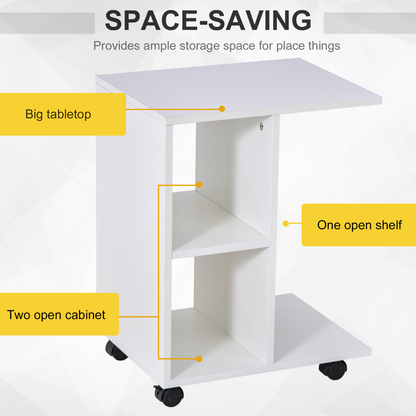 HOMCOM C-Shape End Table with Unique Storage, 2 Shelves, 4 Wheels – Stylish White Home Office Furniture Organizer - BEYRUN