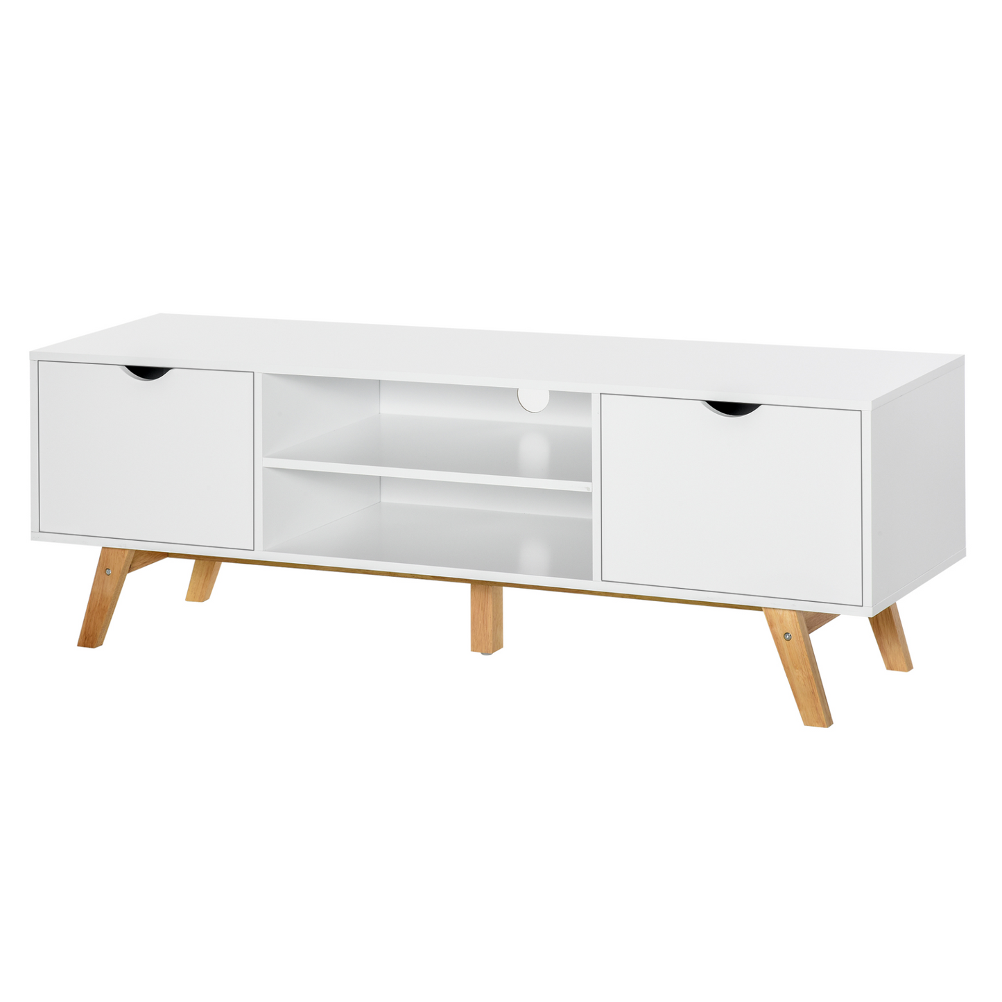 HOMCOM Modern TV Stand Media Unit with Wood Legs, Shelves & Cable Management, White - Fits up to 65" TVs - BEYRUN