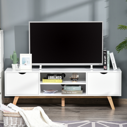 HOMCOM Modern TV Stand Media Unit with Wood Legs, Shelves & Cable Management, White - Fits up to 65" TVs - BEYRUN