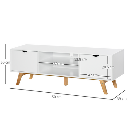 HOMCOM Modern TV Stand Media Unit with Wood Legs, Shelves & Cable Management, White - Fits up to 65" TVs - BEYRUN