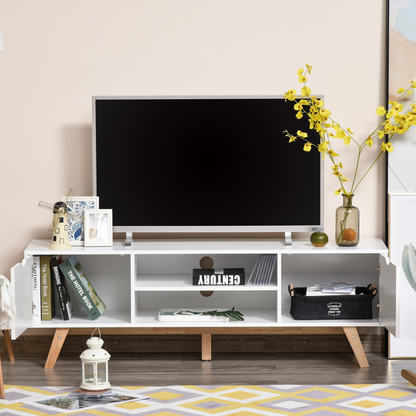 HOMCOM Modern TV Stand Media Unit with Wood Legs, Shelves & Cable Management, White - Fits up to 65" TVs - BEYRUN