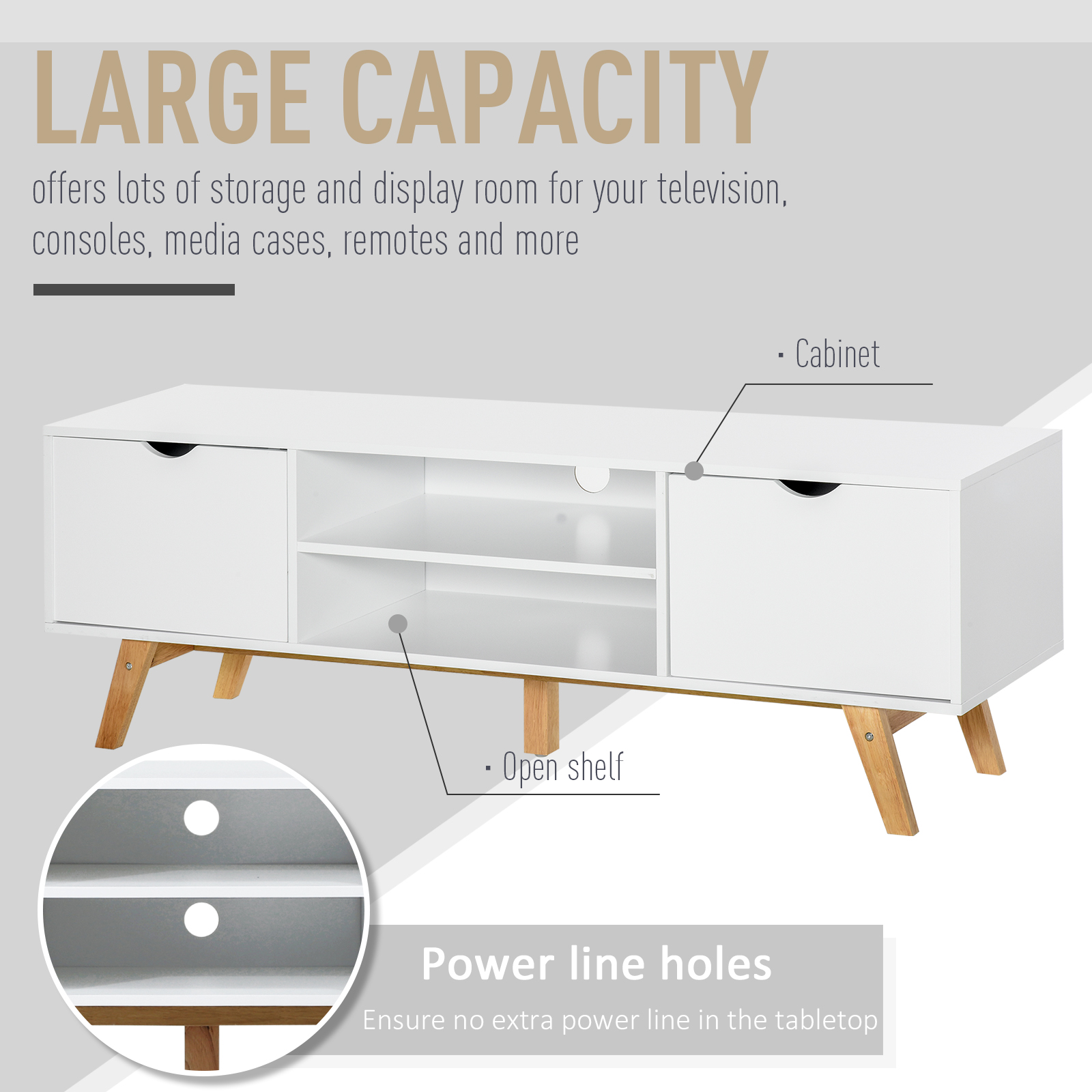 HOMCOM Modern TV Stand Media Unit with Wood Legs, Shelves & Cable Management, White - Fits up to 65" TVs - BEYRUN