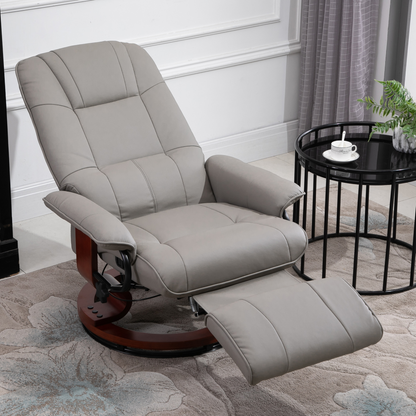 HOMCOM Manual Recliner Chair Armchair Sofa - Faux Leather Upholstered Wooden Base - Grey - BEYRUN