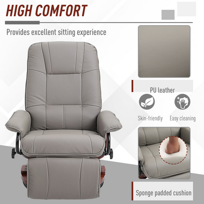 HOMCOM Manual Recliner Chair Armchair Sofa - Faux Leather Upholstered Wooden Base - Grey - BEYRUN