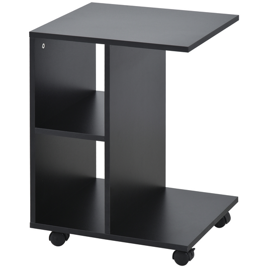 HOMCOM Stylish Black C-Shape End Table with 2 Shelves & 4 Wheels - Ideal Home Office Furniture - BEYRUN