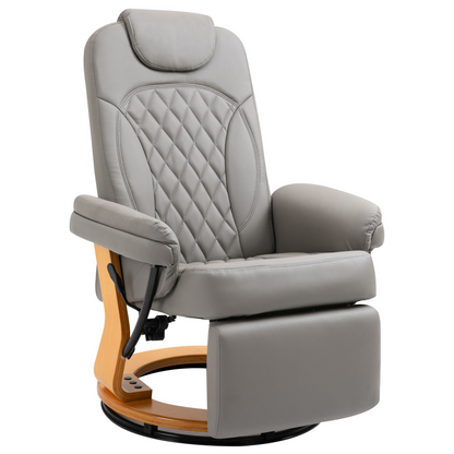 HOMCOM Grey PU Recliner Chair with Footrest, Headrest, Swivel Wooden Base – Ideal for Living Room, Bedroom & Office - BEYRUN