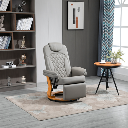 HOMCOM Grey PU Recliner Chair with Footrest, Headrest, Swivel Wooden Base – Ideal for Living Room, Bedroom & Office - BEYRUN