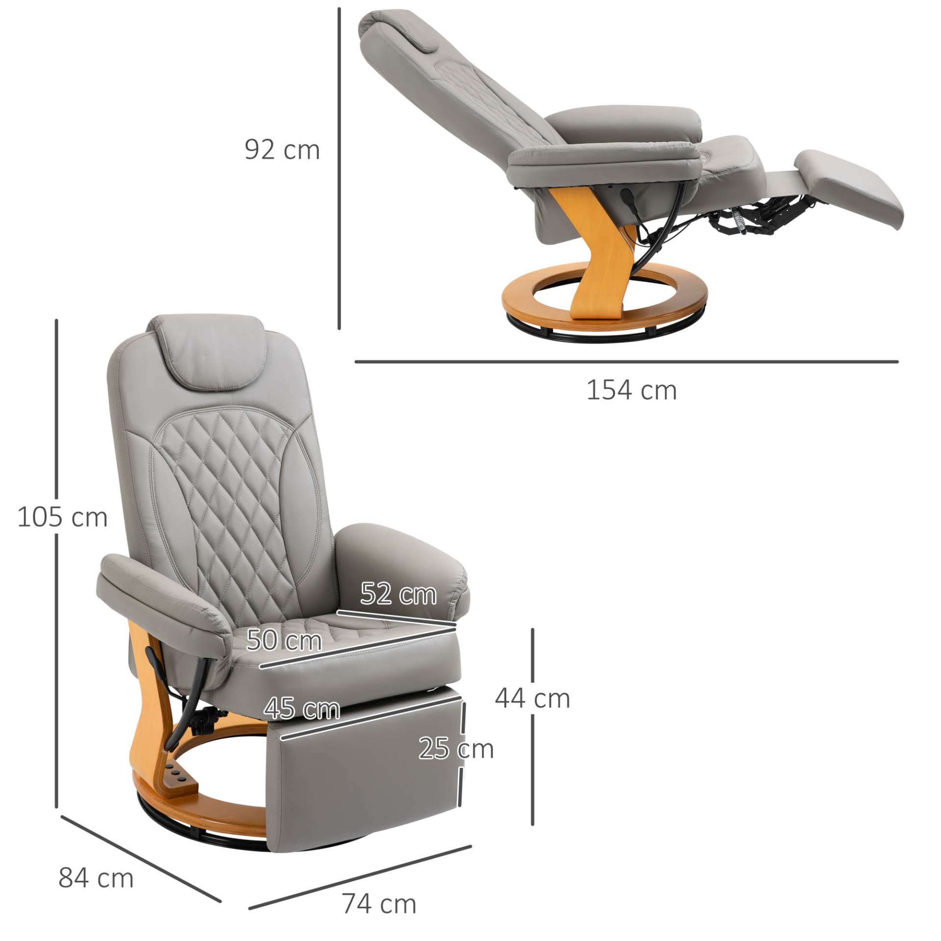 HOMCOM Grey PU Recliner Chair with Footrest, Headrest, Swivel Wooden Base – Ideal for Living Room, Bedroom & Office - BEYRUN