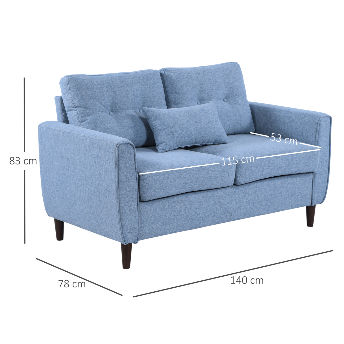 HOMCOM 2 Seat Sofa Loveseat - Light Blue Fabric, Wooden Legs, Tufted Design for Living Room, Office - BEYRUN