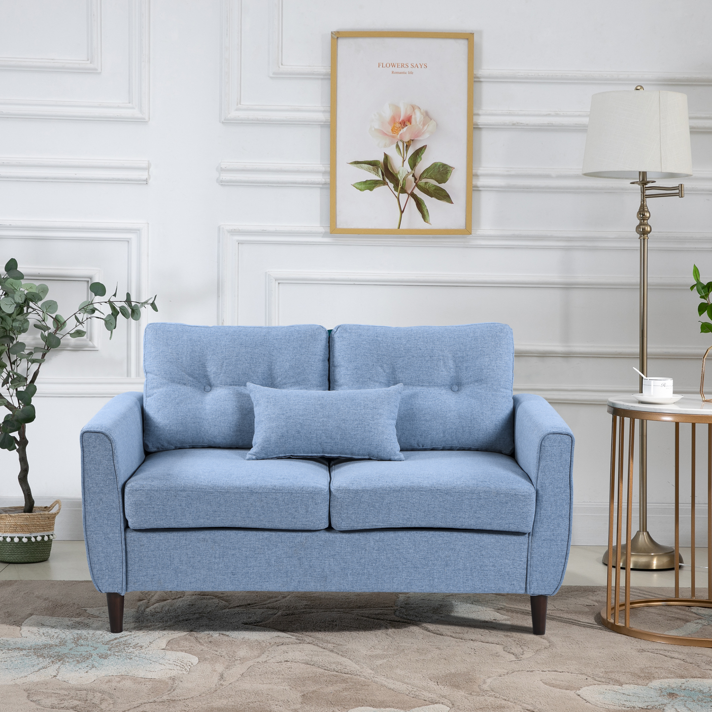 HOMCOM 2 Seat Sofa Loveseat - Light Blue Fabric, Wooden Legs, Tufted Design for Living Room, Office - BEYRUN