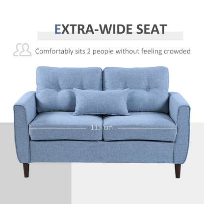 HOMCOM 2 Seat Sofa Loveseat - Light Blue Fabric, Wooden Legs, Tufted Design for Living Room, Office - BEYRUN