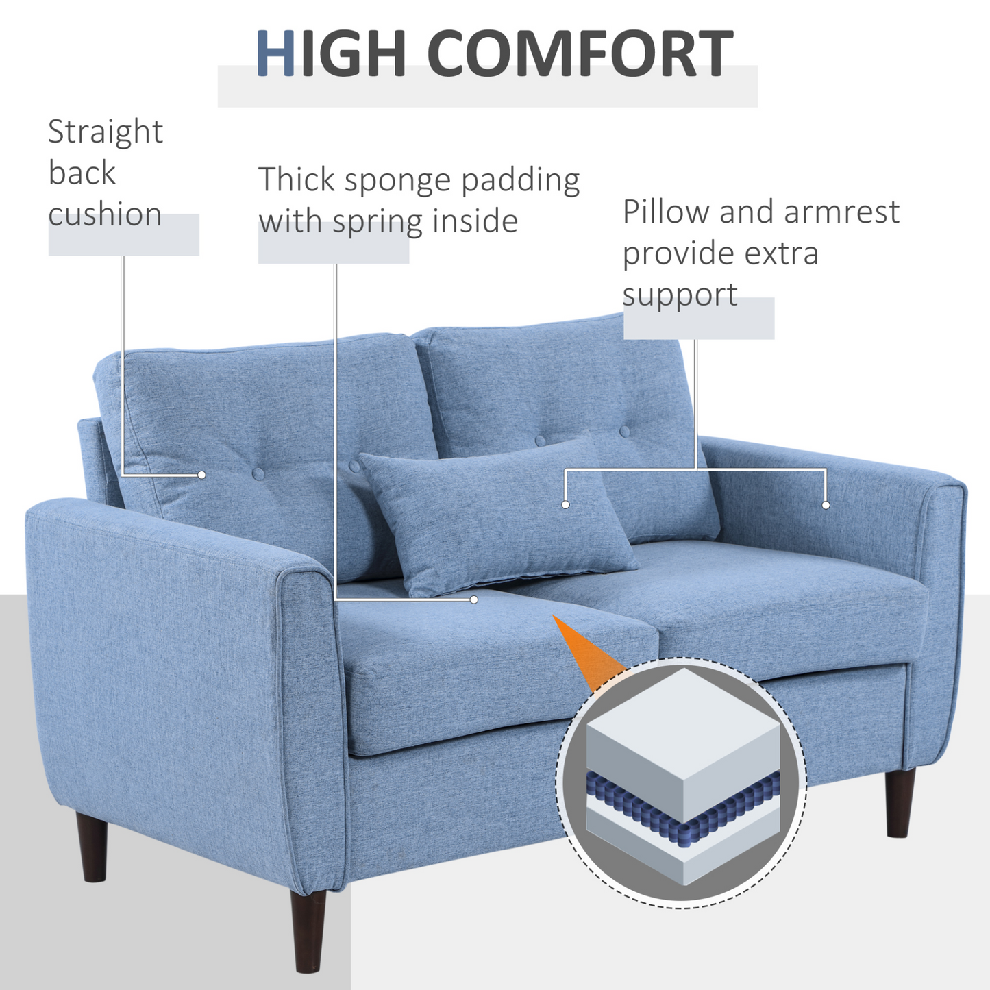 HOMCOM 2 Seat Sofa Loveseat - Light Blue Fabric, Wooden Legs, Tufted Design for Living Room, Office - BEYRUN