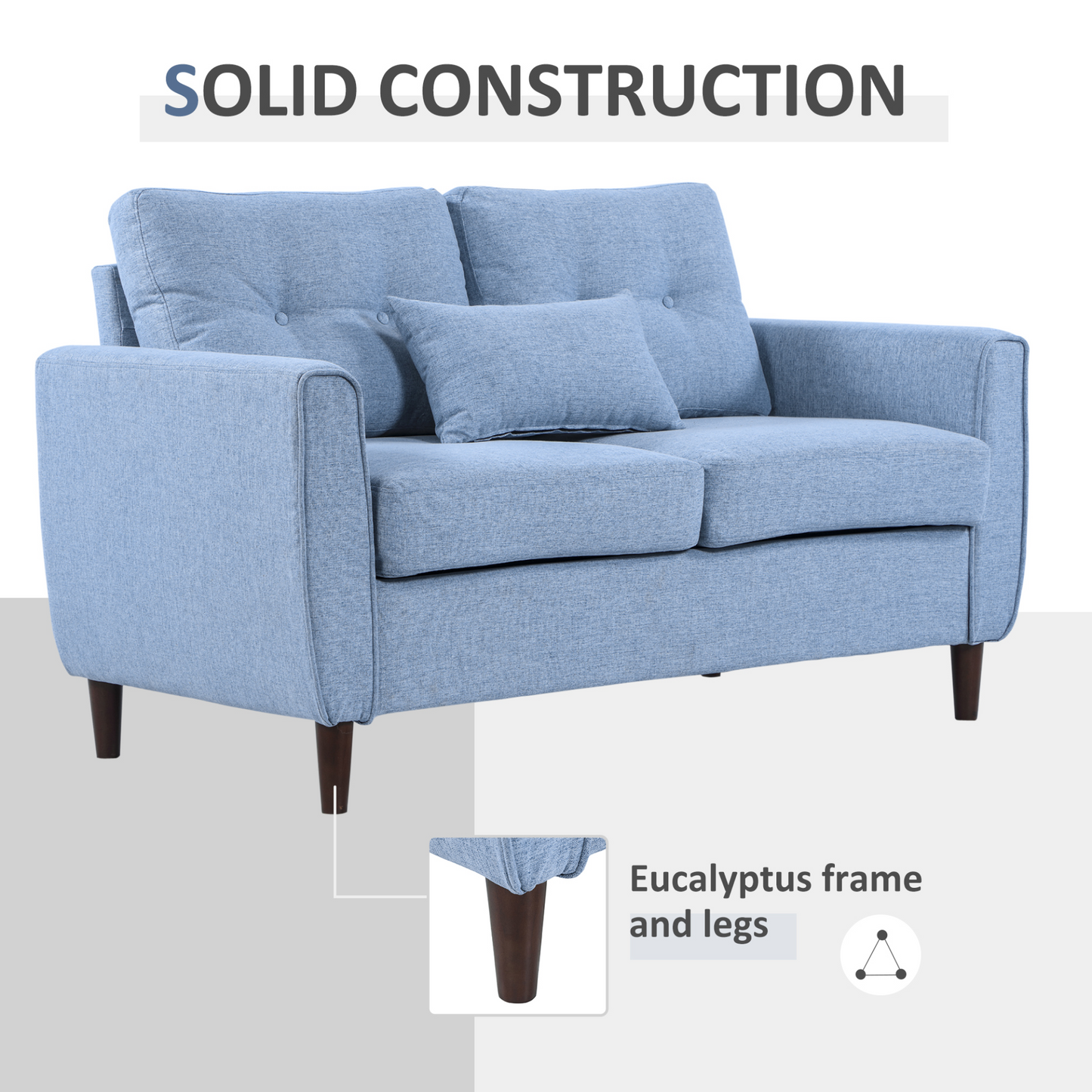 HOMCOM 2 Seat Sofa Loveseat - Light Blue Fabric, Wooden Legs, Tufted Design for Living Room, Office - BEYRUN