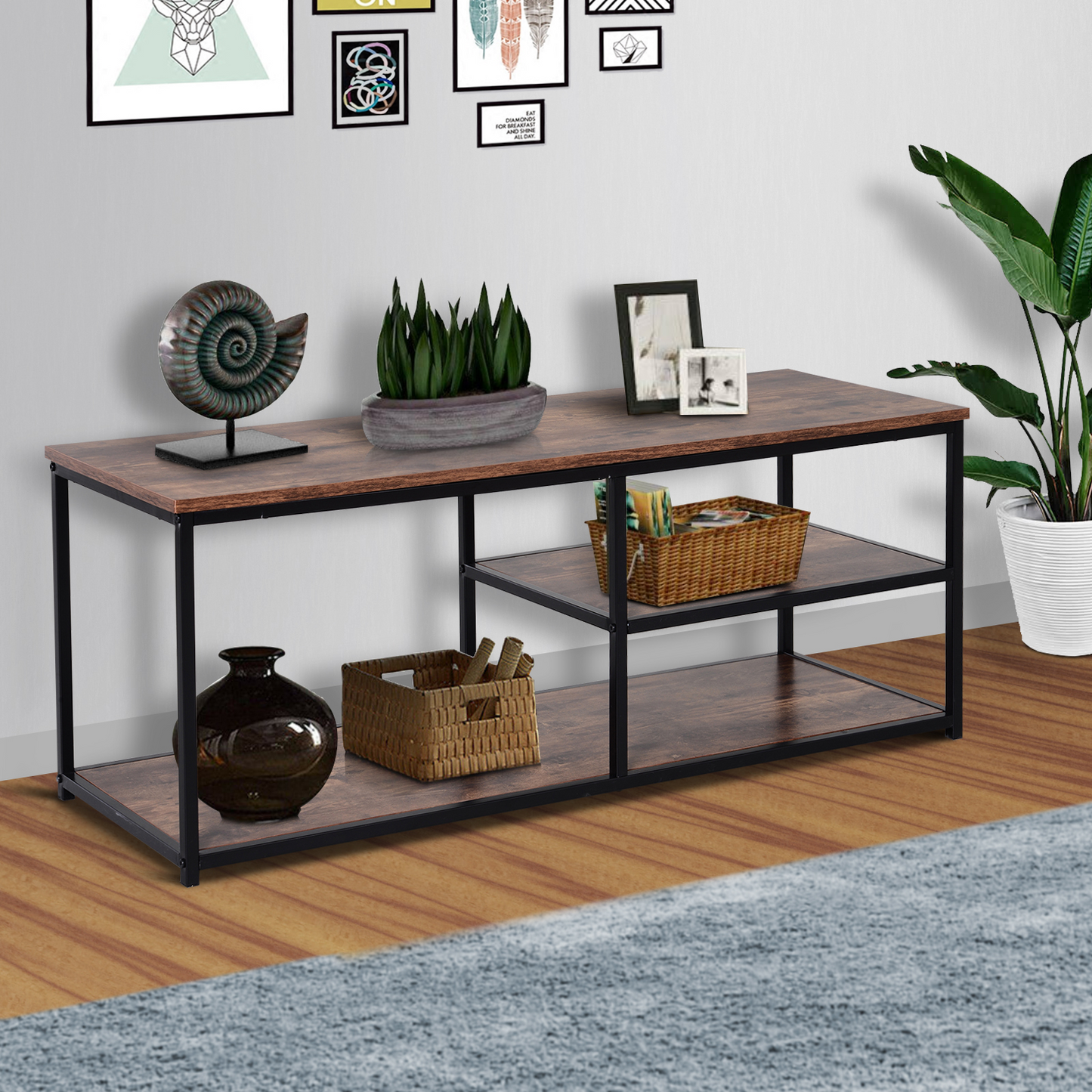 HOMCOM Industrial Style TV Stand Cabinet - Metal Frame, 2 Shelves for Living Room - BEYRUN