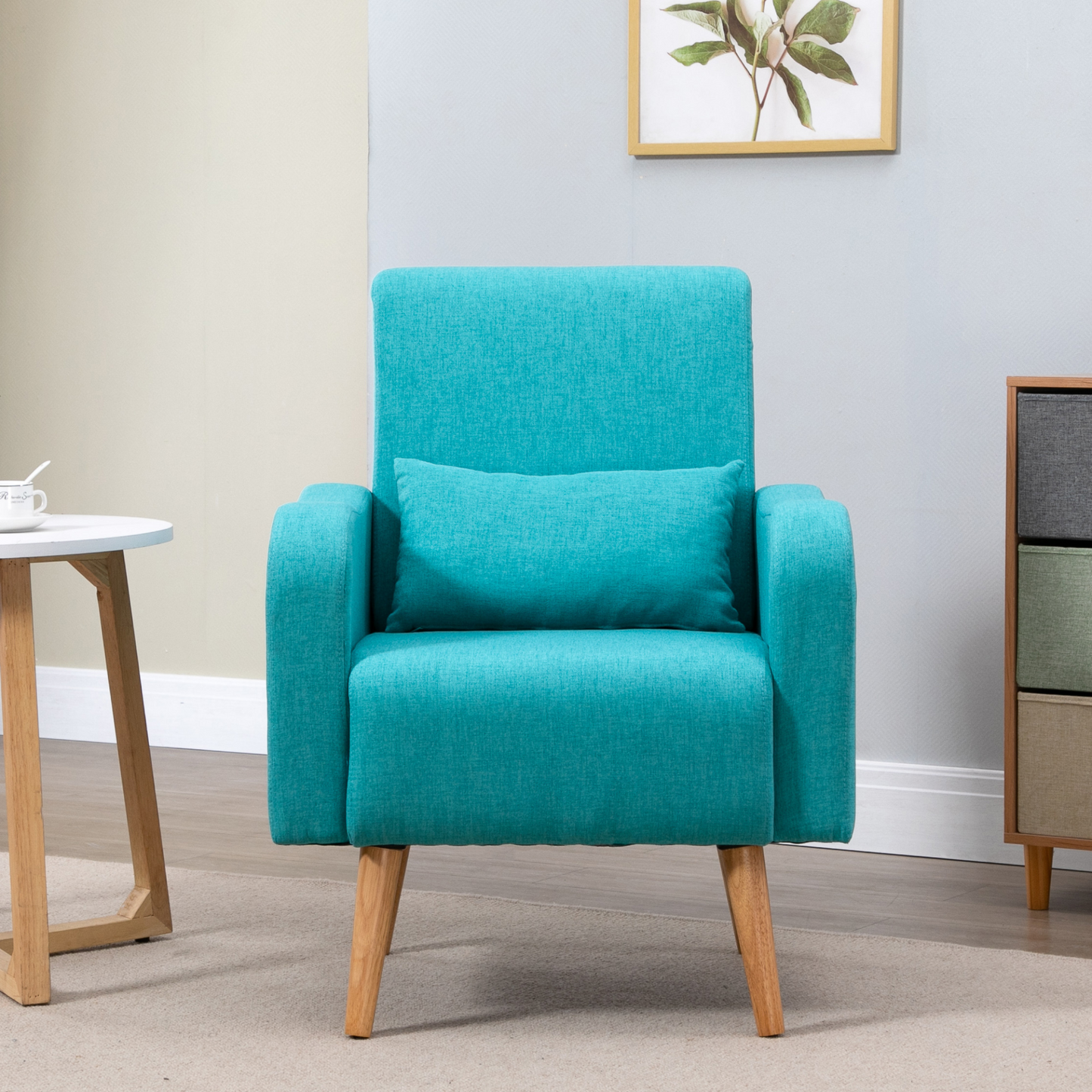 HOMCOM Teal Accent Chair - Linen-Touch Upholstered, Mid-Century Leisure Armchair with Wooden Frame - BEYRUN