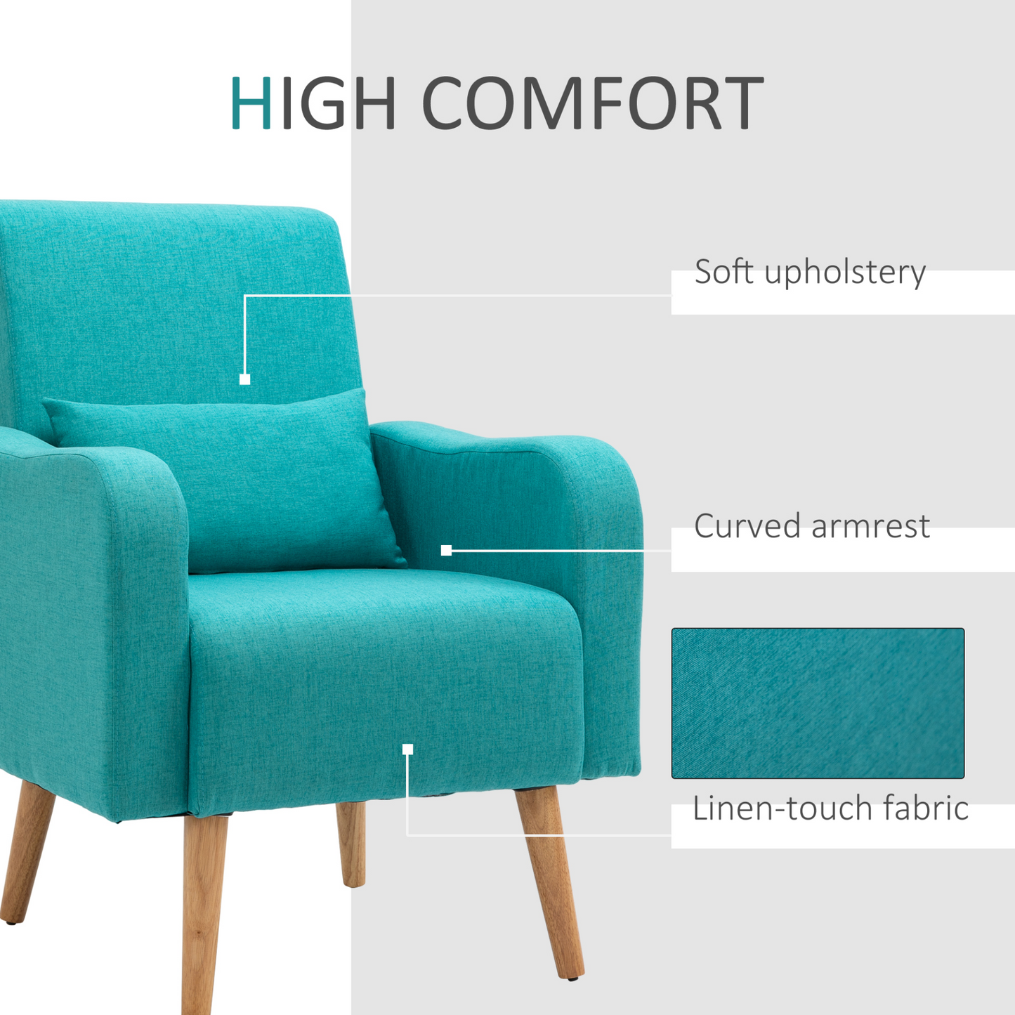 HOMCOM Teal Accent Chair - Linen-Touch Upholstered, Mid-Century Leisure Armchair with Wooden Frame - BEYRUN