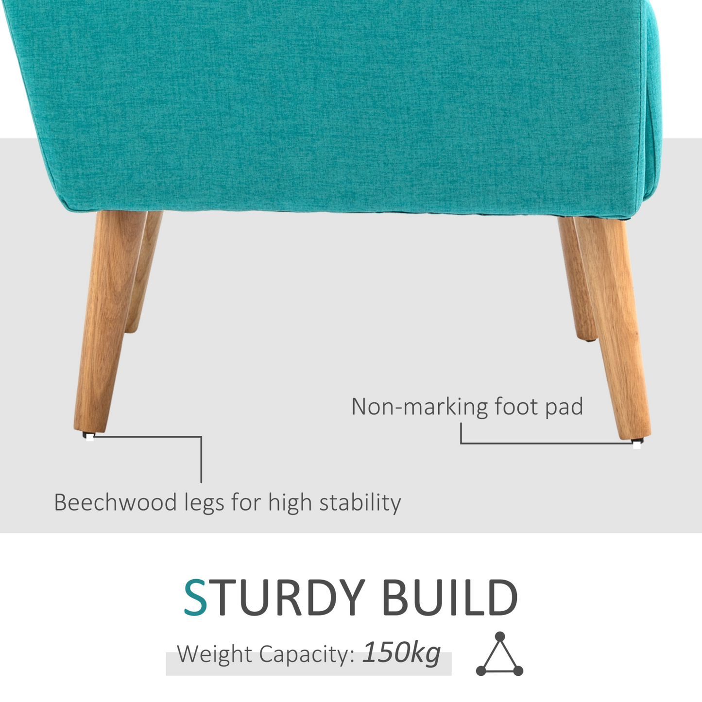 HOMCOM Teal Accent Chair - Linen-Touch Upholstered, Mid-Century Leisure Armchair with Wooden Frame - BEYRUN