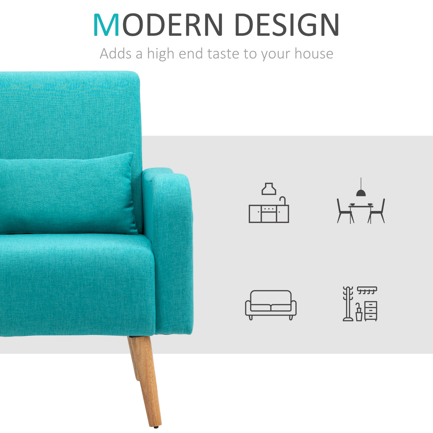 HOMCOM Teal Accent Chair - Linen-Touch Upholstered, Mid-Century Leisure Armchair with Wooden Frame - BEYRUN