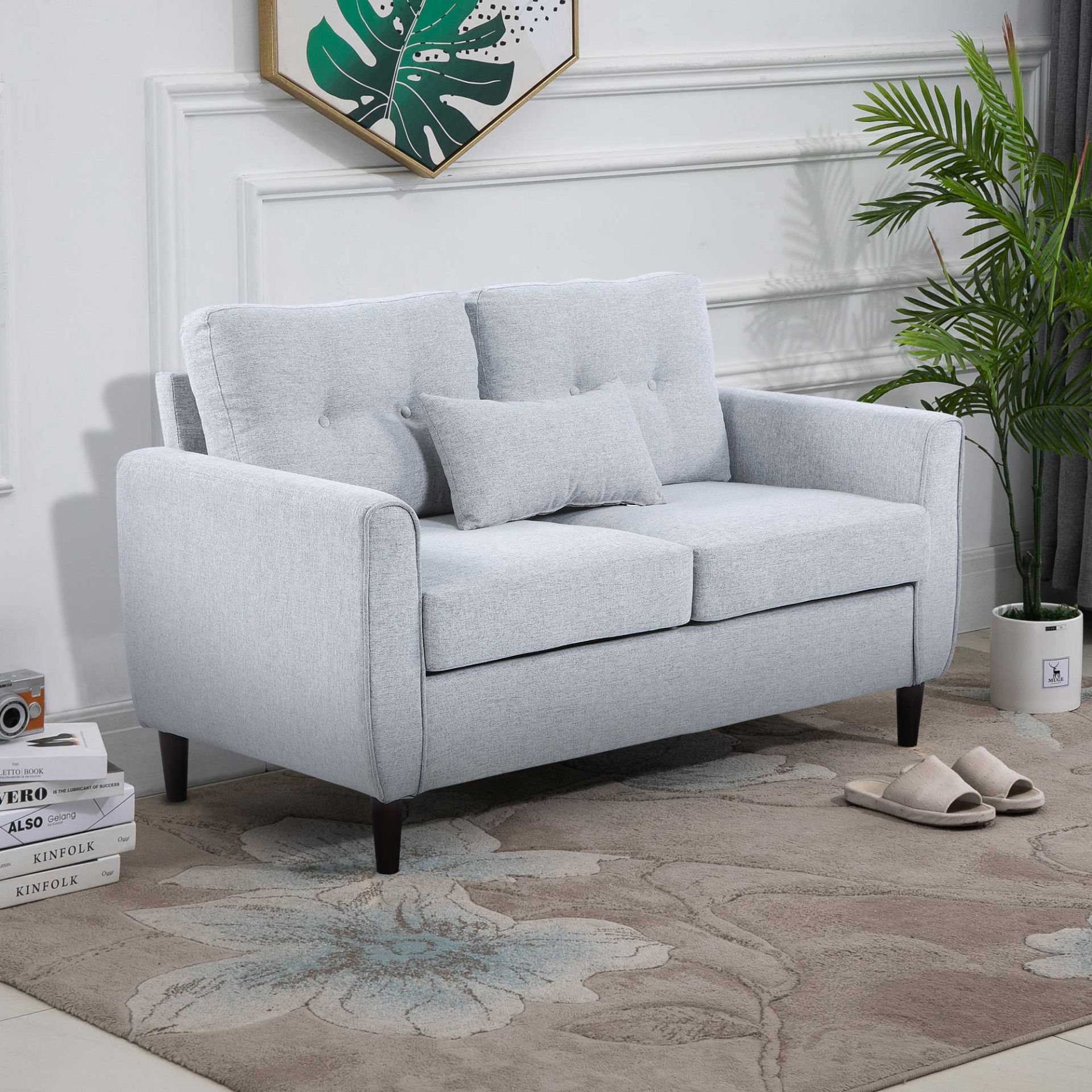 HOMCOM 2 Seat Loveseat Sofa with Wooden Legs and Tufted Design for Living Room, Dining Room, Office - Light Grey - BEYRUN