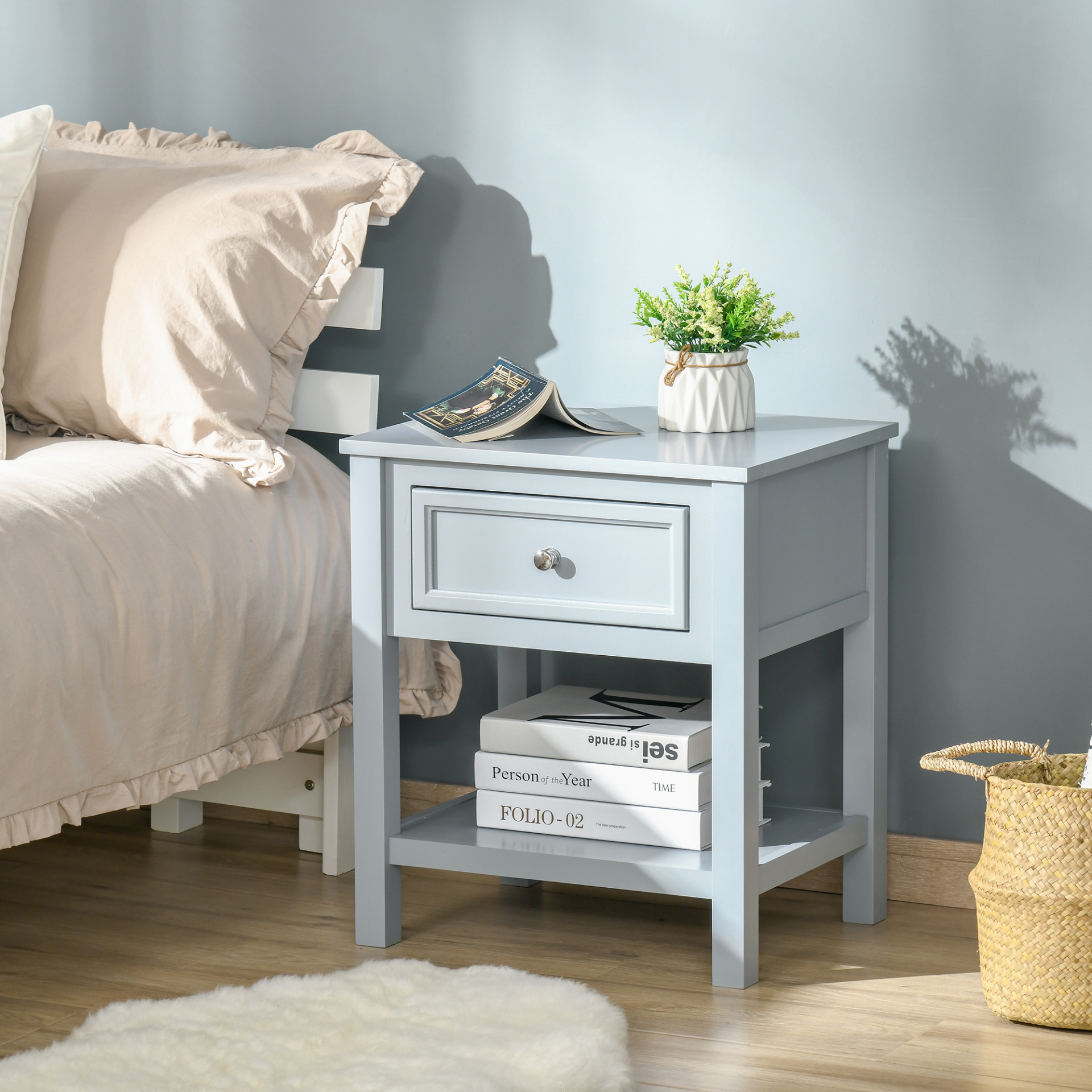 HOMCOM Grey Bedside End Table Nightstand with Drawer & Open Shelf - Classic & Stylish Furniture for Your Bedroom - BEYRUN