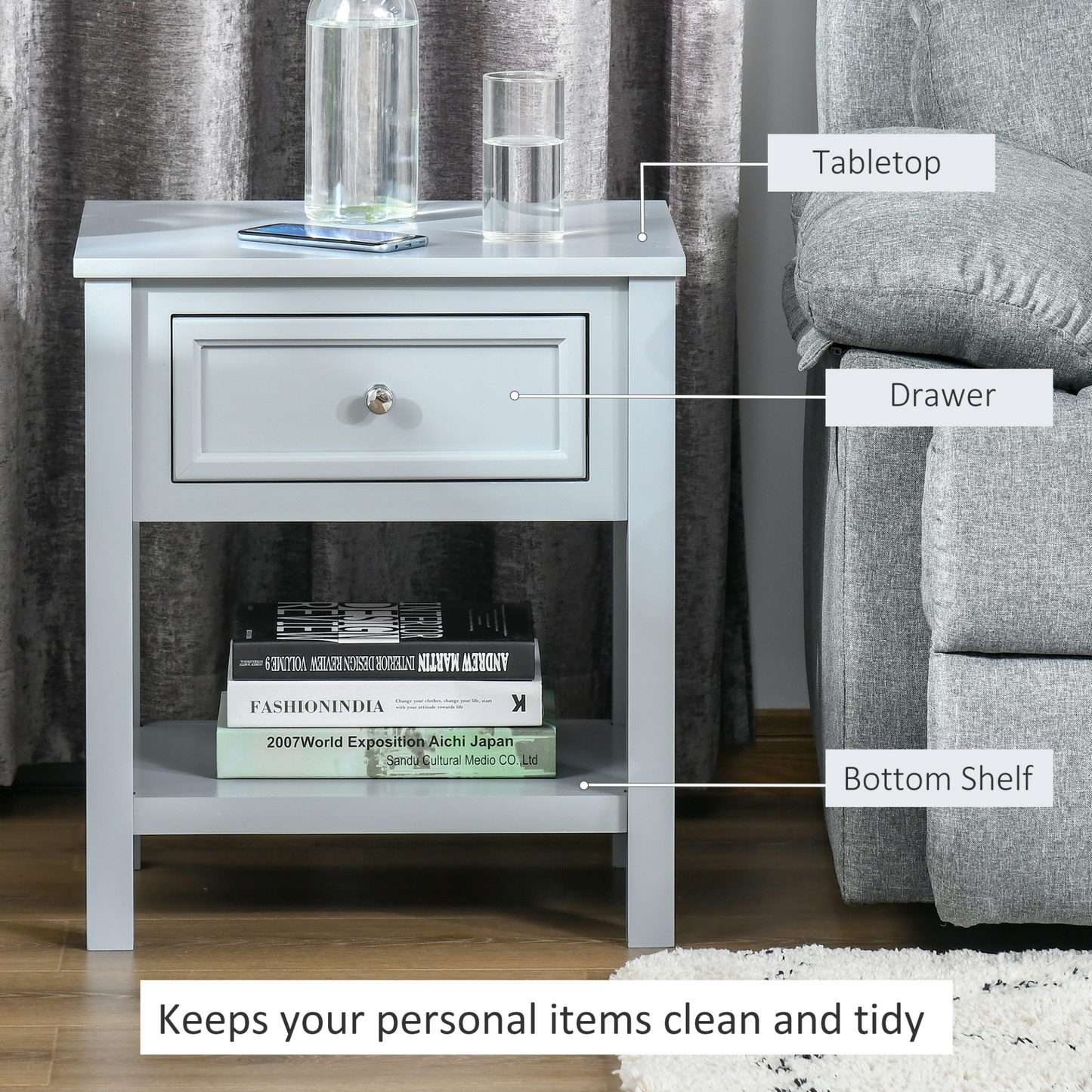 HOMCOM Grey Bedside End Table Nightstand with Drawer & Open Shelf - Classic & Stylish Furniture for Your Bedroom - BEYRUN