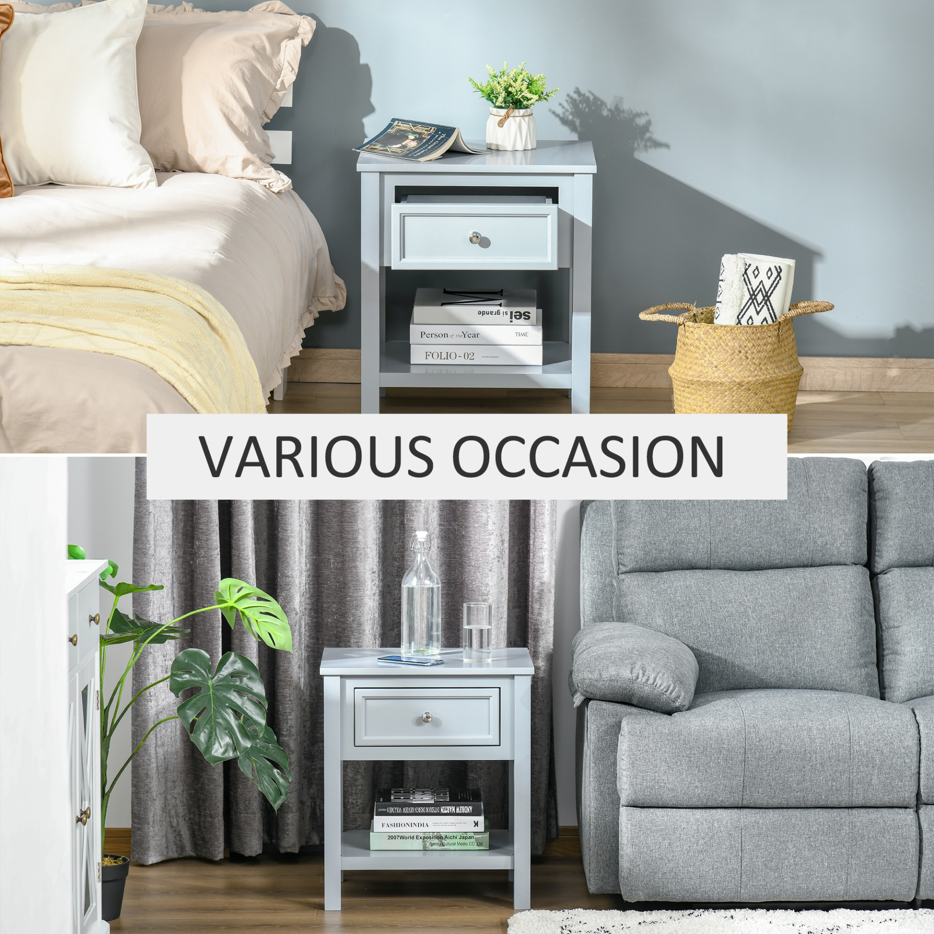 HOMCOM Grey Bedside End Table Nightstand with Drawer & Open Shelf - Classic & Stylish Furniture for Your Bedroom - BEYRUN