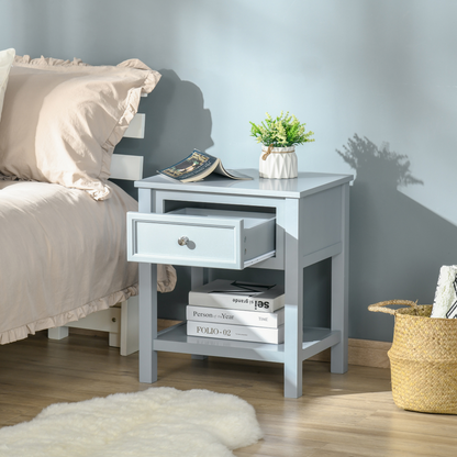 HOMCOM Grey Bedside End Table Nightstand with Drawer & Open Shelf - Classic & Stylish Furniture for Your Bedroom - BEYRUN