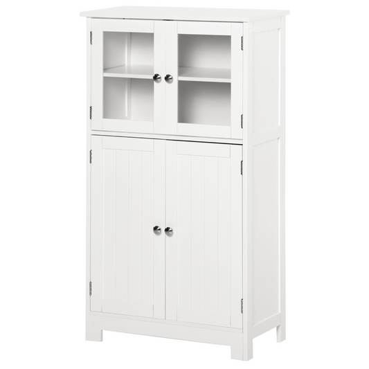 kleankin White Bathroom Floor Storage Cabinet with Tempered Glass Doors and Adjustable Shelf - Perfect for Kitchen, Living Room, or Entryway - BEYRUN