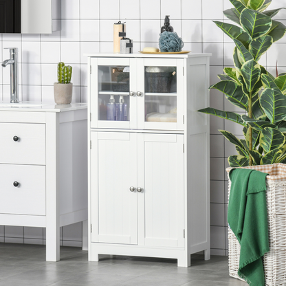 kleankin White Bathroom Floor Storage Cabinet with Tempered Glass Doors and Adjustable Shelf - Perfect for Kitchen, Living Room, or Entryway - BEYRUN