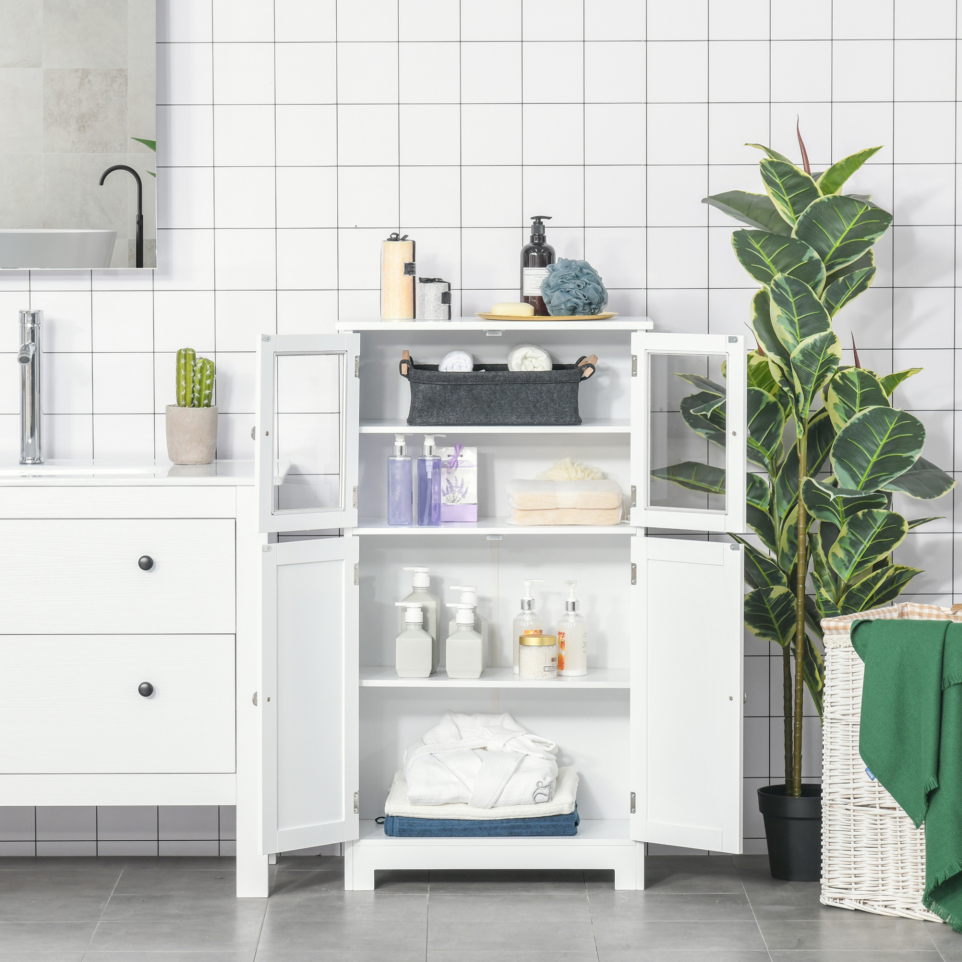 kleankin White Bathroom Floor Storage Cabinet with Tempered Glass Doors and Adjustable Shelf - Perfect for Kitchen, Living Room, or Entryway - BEYRUN