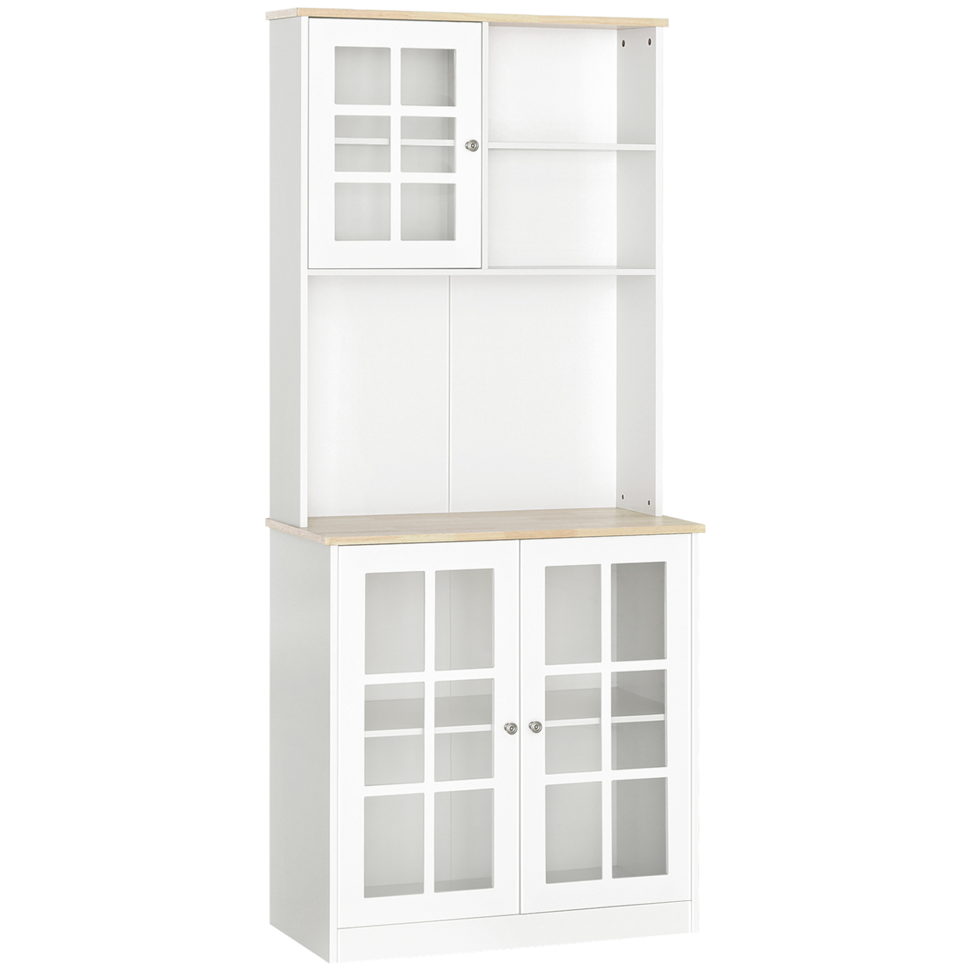 HOMCOM Freestanding Kitchen Cupboard - White Storage Cabinet with Adjustable Shelves and Oak Countertop - BEYRUN