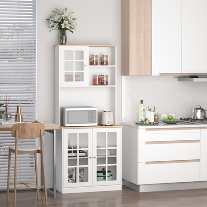 HOMCOM Freestanding Kitchen Cupboard - White Storage Cabinet with Adjustable Shelves and Oak Countertop - BEYRUN