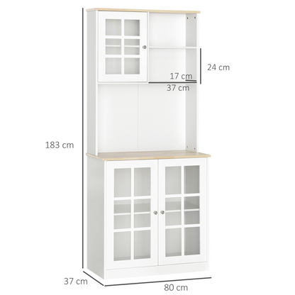 HOMCOM Freestanding Kitchen Cupboard - White Storage Cabinet with Adjustable Shelves and Oak Countertop - BEYRUN