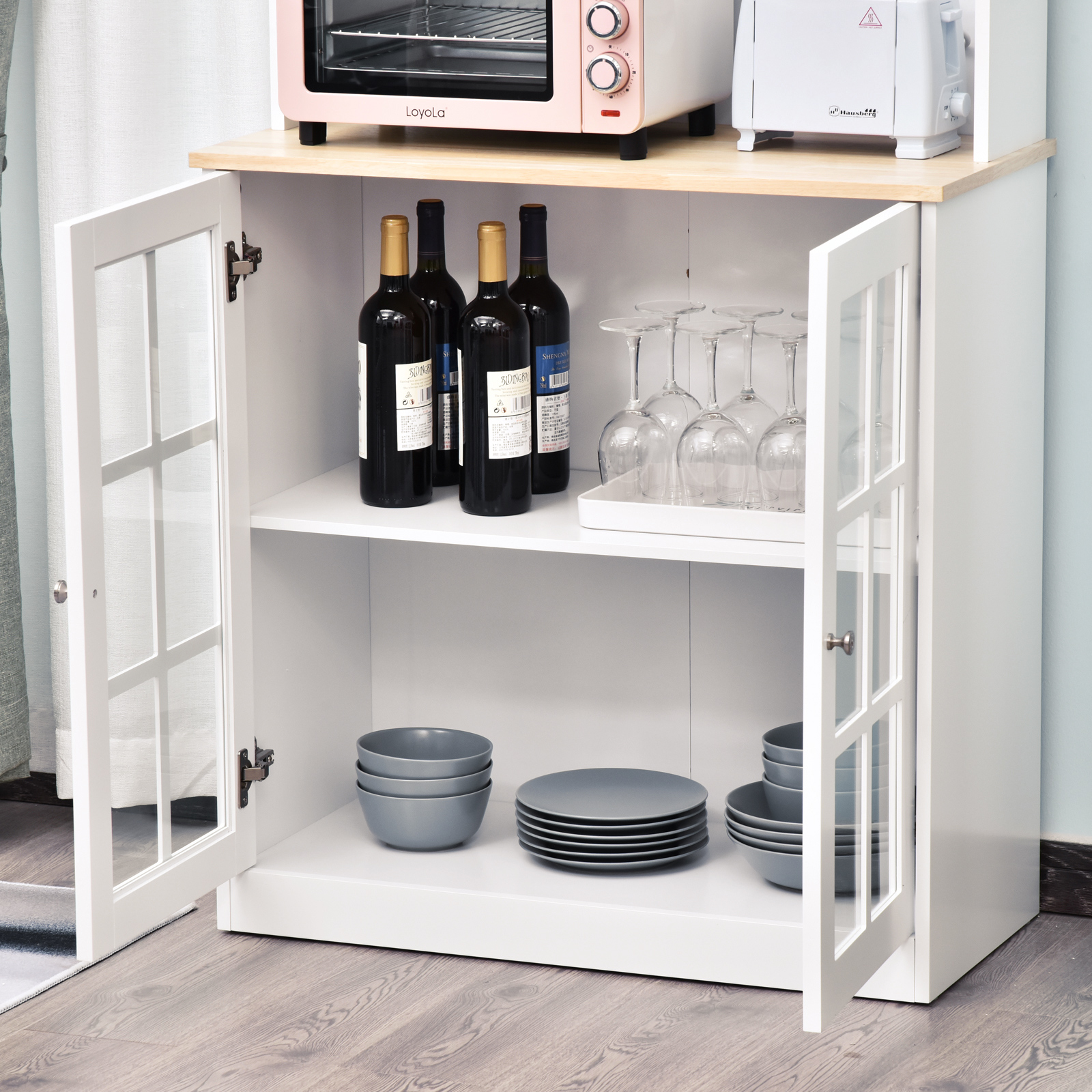 HOMCOM Freestanding Kitchen Cupboard - White Storage Cabinet with Adjustable Shelves and Oak Countertop - BEYRUN