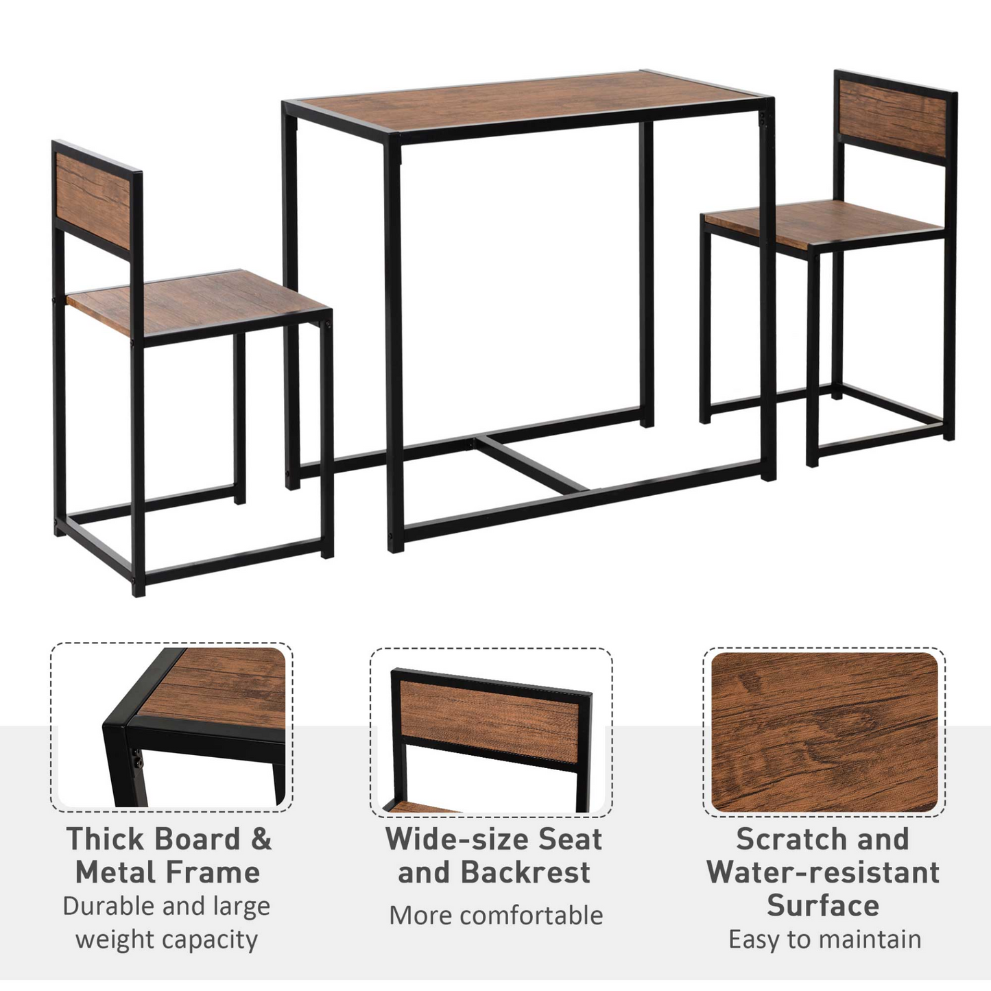 HOMCOM 3-Piece Industrial Design Table Stool Set - Modern Steel Frame & Chestnut MDF Panels - Ideal for Living Room, Bar, Dining Areas - BEYRUN