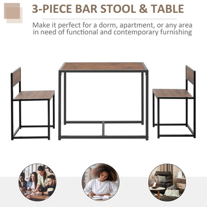 HOMCOM 3-Piece Industrial Design Table Stool Set - Modern Steel Frame & Chestnut MDF Panels - Ideal for Living Room, Bar, Dining Areas - BEYRUN