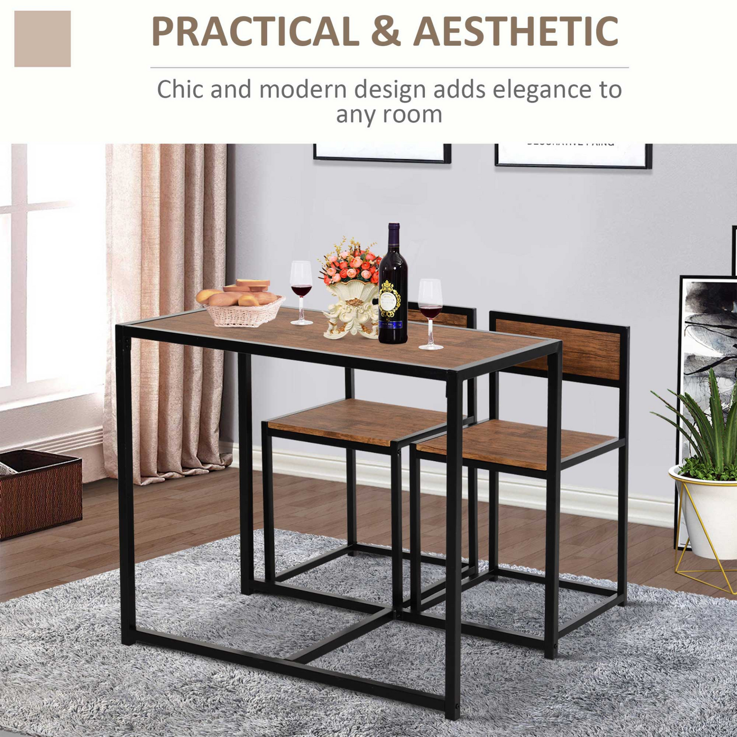 HOMCOM 3-Piece Industrial Design Table Stool Set - Modern Steel Frame & Chestnut MDF Panels - Ideal for Living Room, Bar, Dining Areas - BEYRUN