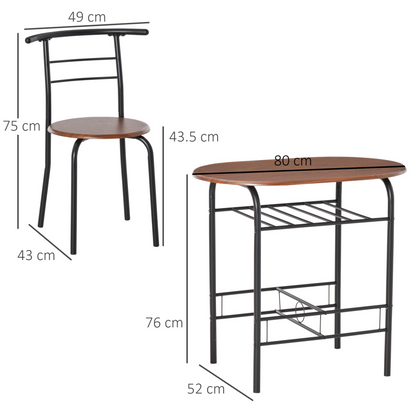 HOMCOM 3-Piece Industrial Breakfast Bar Dining Table Set with Metal Frame, Wood Top, Storage Shelf & 2 Chairs - Perfect for Kitchen and Small Spaces - BEYRUN