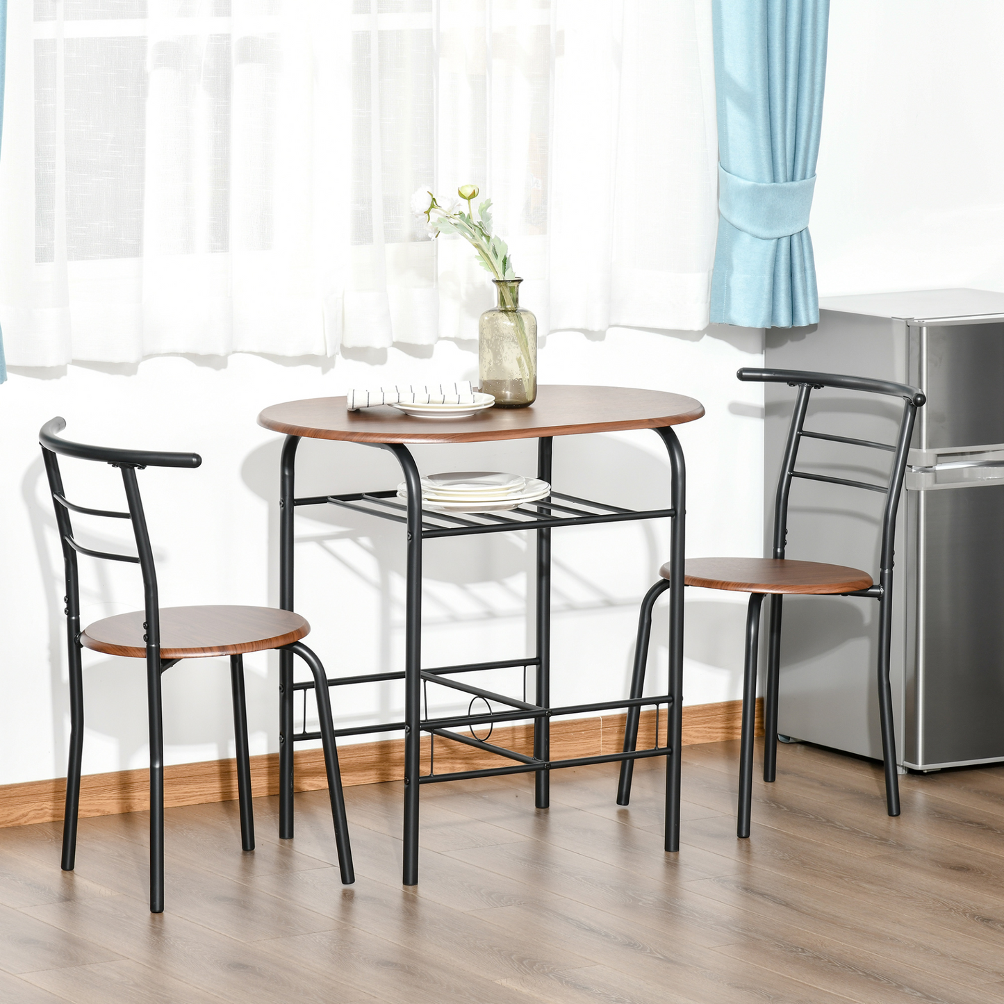 HOMCOM 3-Piece Industrial Breakfast Bar Dining Table Set with Metal Frame, Wood Top, Storage Shelf & 2 Chairs - Perfect for Kitchen and Small Spaces - BEYRUN