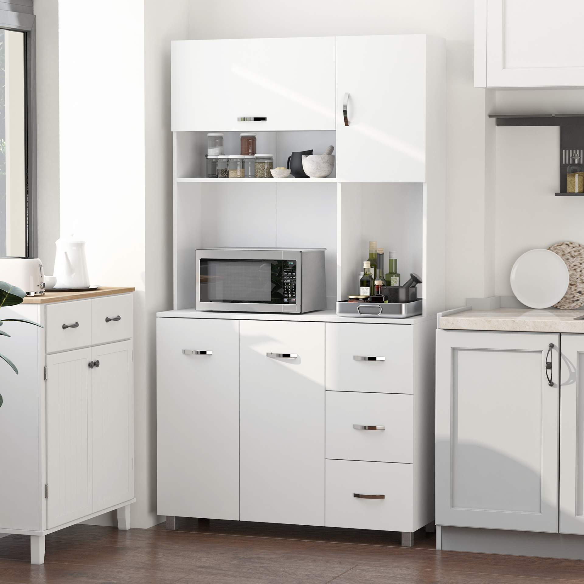 HOMCOM Freestanding Kitchen Cupboard - Versatile White Storage Cabinet with Shelves, Drawers, and Open Compartments - BEYRUN