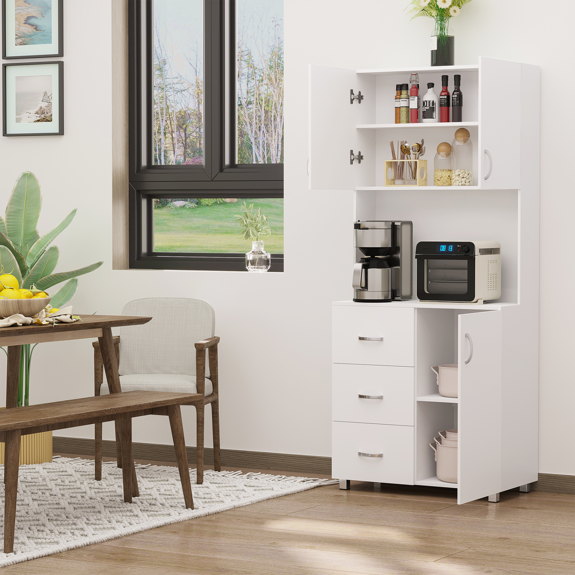 HOMCOM Free Standing Kitchen Cupboard | Stylish White Storage Cabinet with Adjustable Shelves and Drawers - BEYRUN