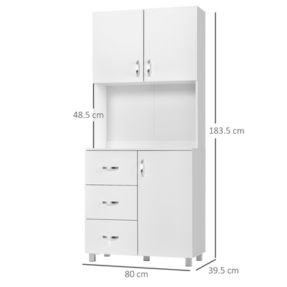 HOMCOM Free Standing Kitchen Cupboard | Stylish White Storage Cabinet with Adjustable Shelves and Drawers - BEYRUN