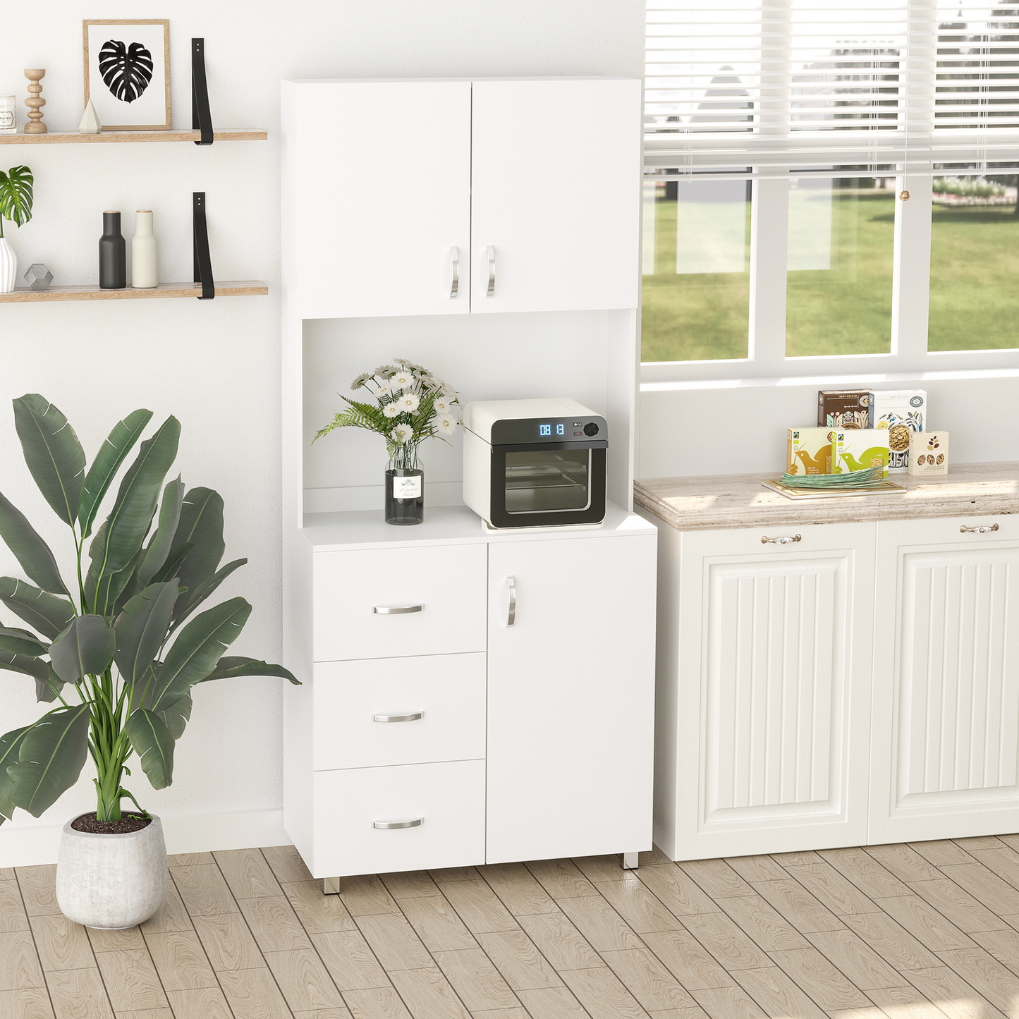 HOMCOM Free Standing Kitchen Cupboard | Stylish White Storage Cabinet with Adjustable Shelves and Drawers - BEYRUN