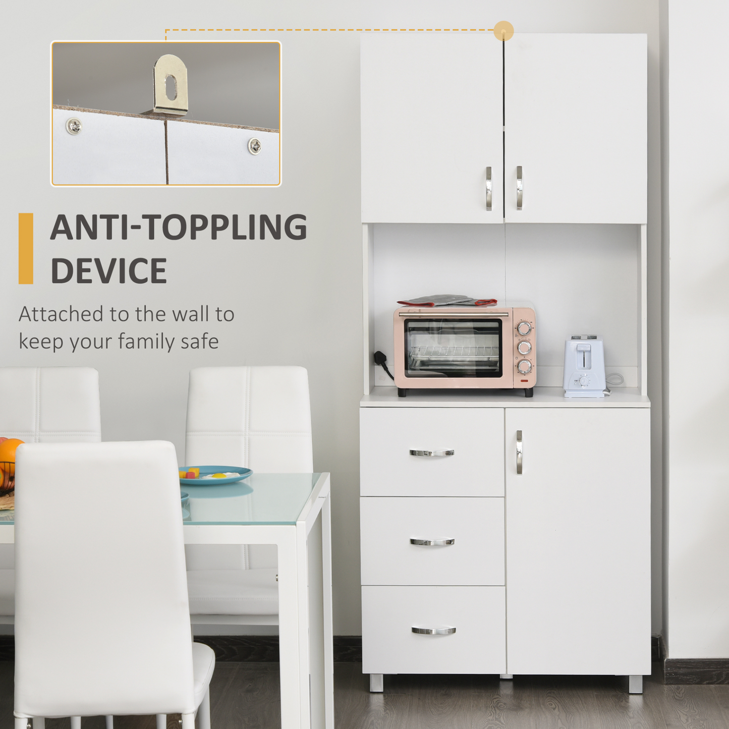 HOMCOM Free Standing Kitchen Cupboard | Stylish White Storage Cabinet with Adjustable Shelves and Drawers - BEYRUN