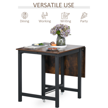 HOMCOM Foldable Drop Leaf Dining Table & Console Desk - Rustic Brown, Industrial-Style, Space-Saving for Kitchen & Dining Room - BEYRUN