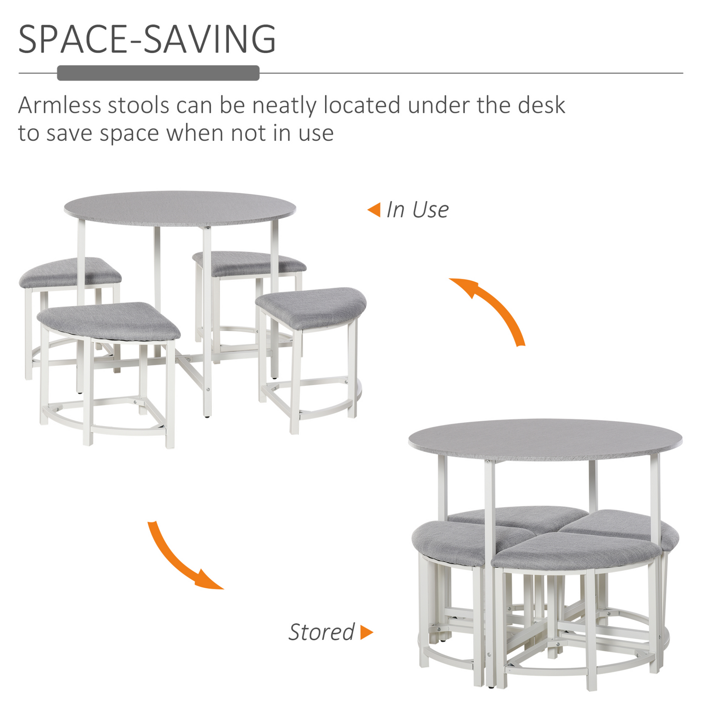 HOMCOM Modern Round Dining Table Set with 4 Upholstered Stools - Space-Saving, Stylish & Durable - BEYRUN