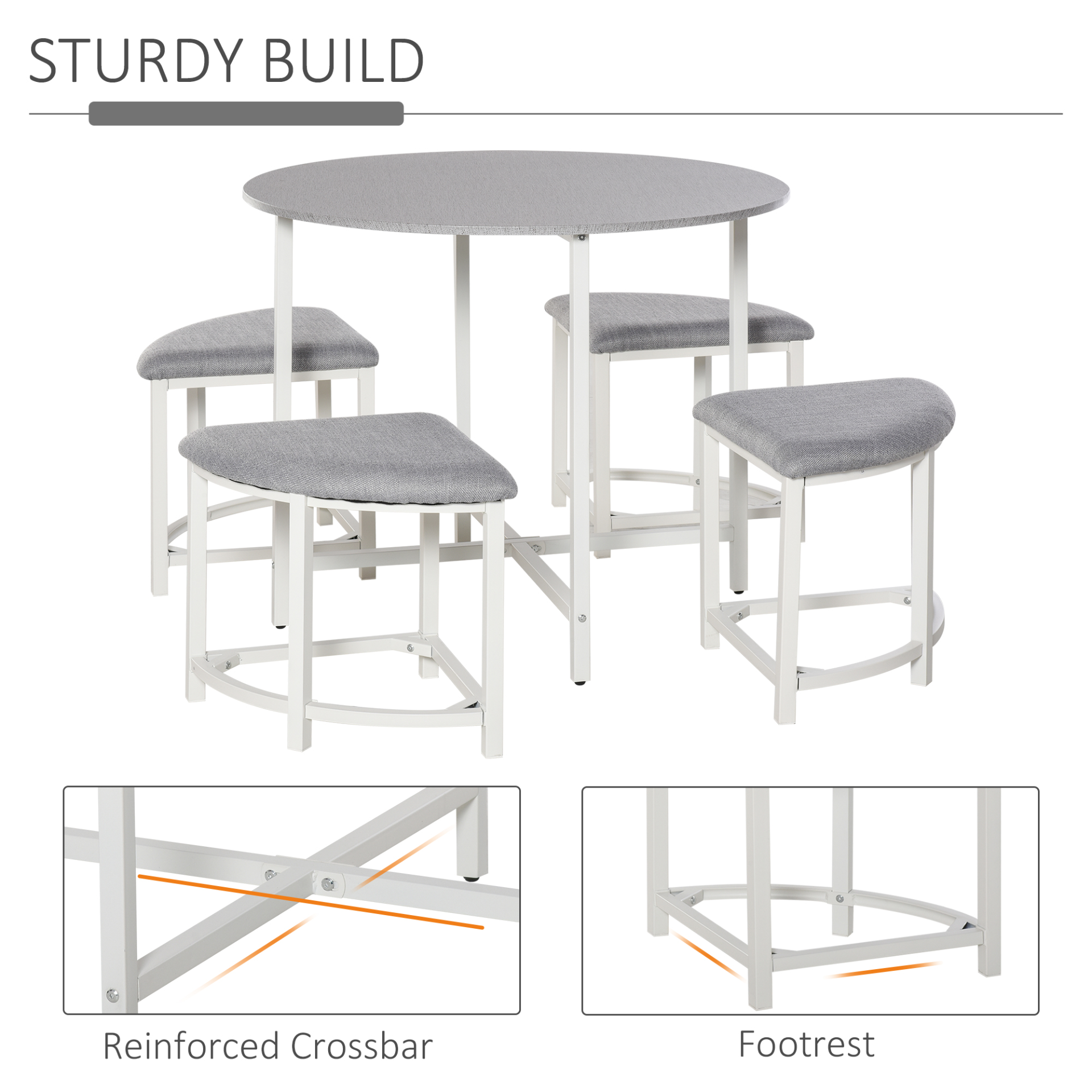 HOMCOM Modern Round Dining Table Set with 4 Upholstered Stools - Space-Saving, Stylish & Durable - BEYRUN