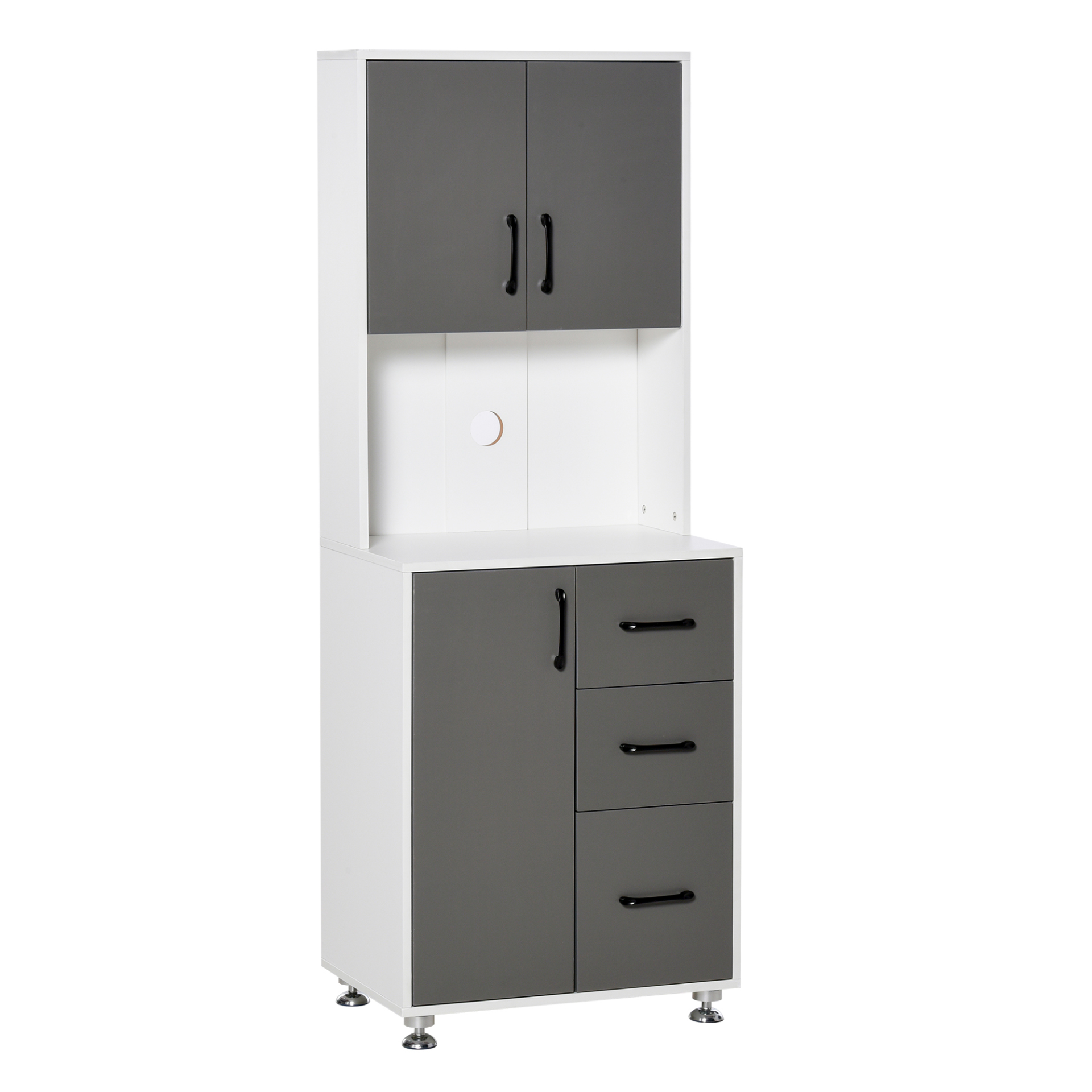 HOMCOM Modern Grey Kitchen Cupboard with Storage Cabinets, 3 Drawers, and Open Countertop for Living Room - BEYRUN